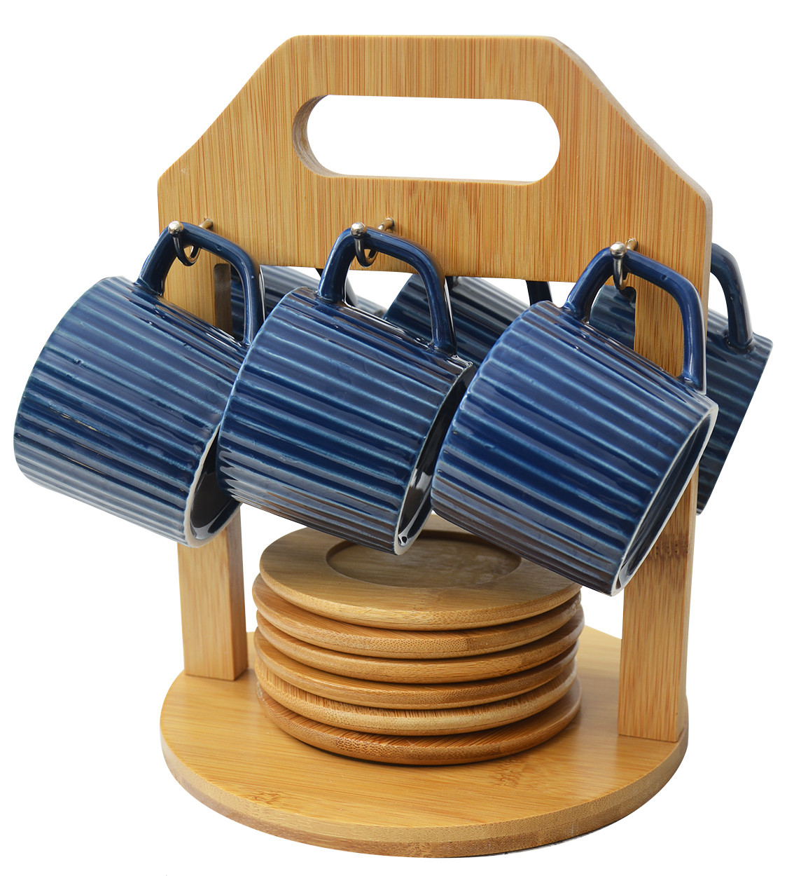Coffee set Modern, with blue cups and plates of bamboo, with support of bamboo for kitchen - Home and more