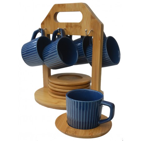 Juego de café Moderno, con tazas azules y platos de bambú, con soporte de bambú para cocina - Hogar y mas