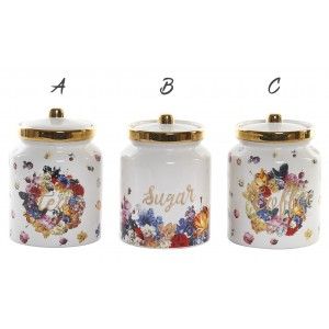 Tarro Almacenamiento de Especias Floral 1000 ml, Té, Azucar, Café. Bote de Conservas con Tapa Dorada 11,5x11,5x16,5 cm