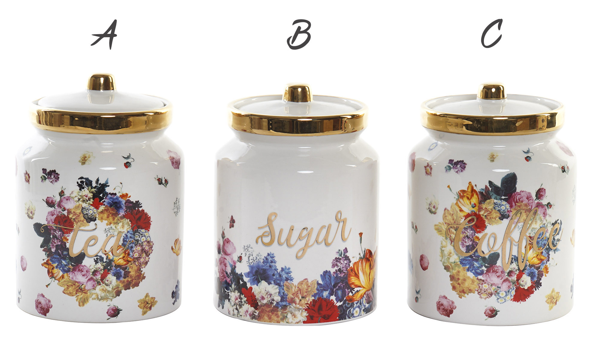 Tarro Almacenamiento de Especias Floral 1000 ml, Té, Azucar, Café. Bote de Conservas con Tapa Dorada 11,5x11,5x16,5 cm