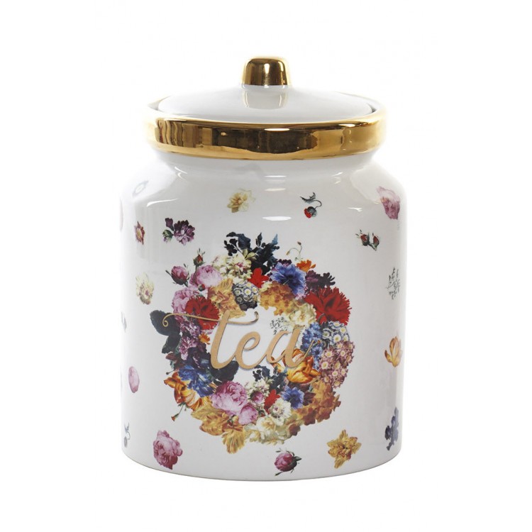 Jar Storage Spices, Floral 1000 ml, Tea, Sugar, Coffee. Pot Canning with Lid Golden 11,5x11,5x16,5 cm