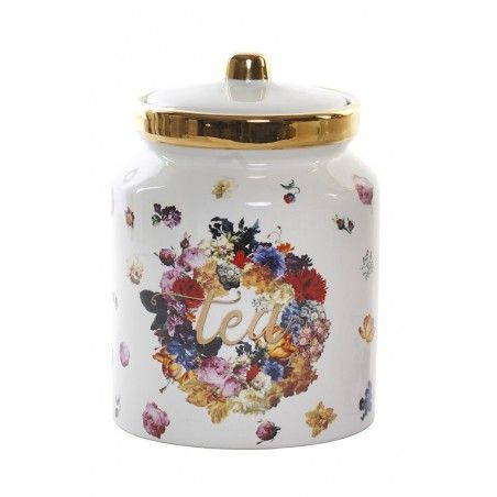 Jar Storage Spices, Floral 1000 ml, Tea, Sugar, Coffee. Pot Canning with Lid Golden 11,5x11,5x16,5 cm