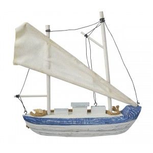 Velero Decoración Madera, Barco Decorativo Azul. Figura Marinera de Tela y cuerda, Vintage 26x6x28 cm