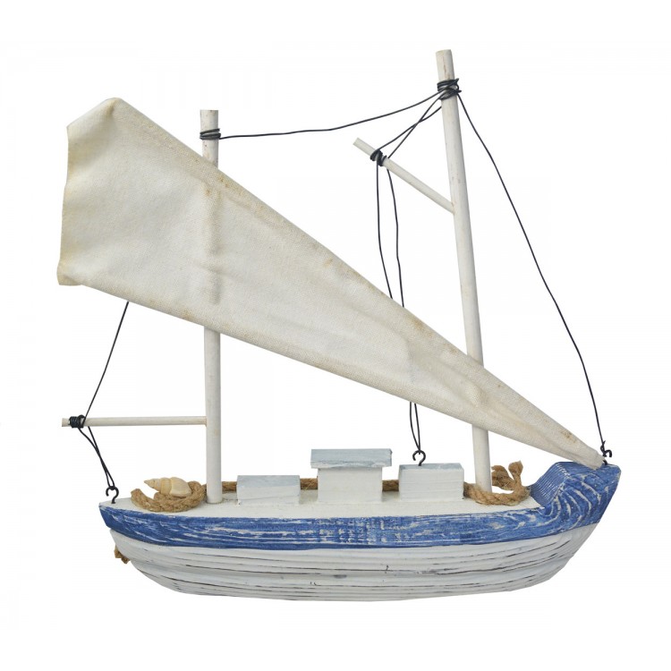 Velero Decoración Madera, Barco Decorativo Azul. Figura Marinera de Tela y cuerda, Vintage 26x6x28 cm