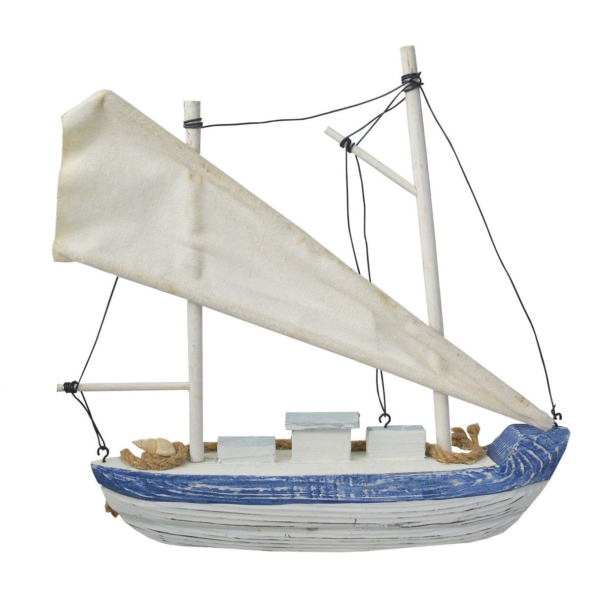 Sailboat Decoration Wood Boat Decorative Blue. Figure Seafood of Fabric and rope, Vintage 26x6x28 cm