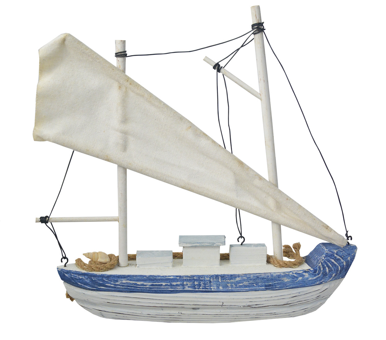 Velero Decoración Madera, Barco Decorativo Azul. Figura Marinera de Tela y cuerda, Vintage 26x6x28 cm