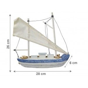 Velero Decoración Madera, Barco Decorativo Azul. Figura Marinera de Tela y cuerda, Vintage 26x6x28 cm
