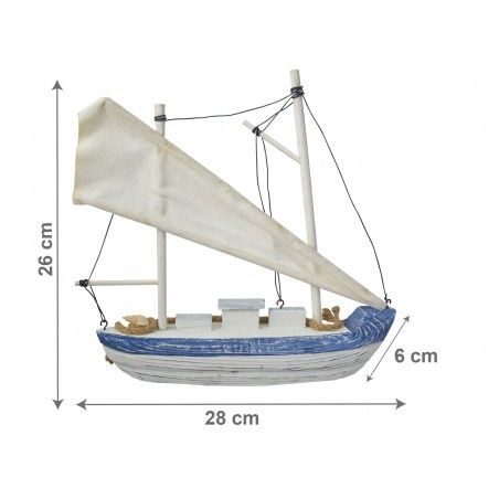 Velero Decoración Madera, Barco Decorativo Azul. Figura Marinera de Tela y cuerda, Vintage 26x6x28 cm