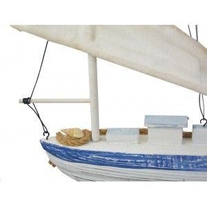 Velero Decoración Madera, Barco Decorativo Azul. Figura Marinera de Tela y cuerda, Vintage 26x6x28 cm