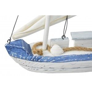 Velero Decoración Madera, Barco Decorativo Azul. Figura Marinera de Tela y cuerda, Vintage 26x6x28 cm