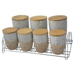Jars of Bamboo and Ceramics for Canning with Metal Bracket. 7 Pieces with a Lid 38x19x9 cm