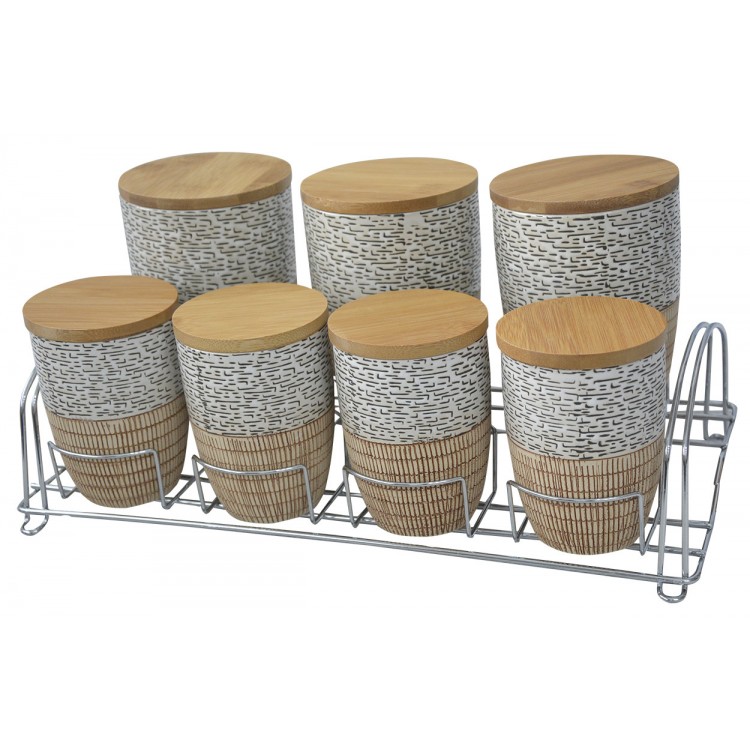 Jars of Bamboo and Ceramics for Canning with Metal Bracket. 7 Pieces with a Lid 38x19x9 cm