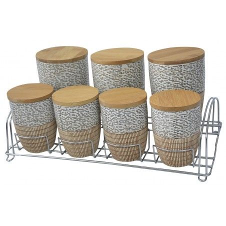 Tarros de Bambú y Cerámica para Conservas con Soporte de Metal. 7 Piezas con Tapa 38x19x9 cm