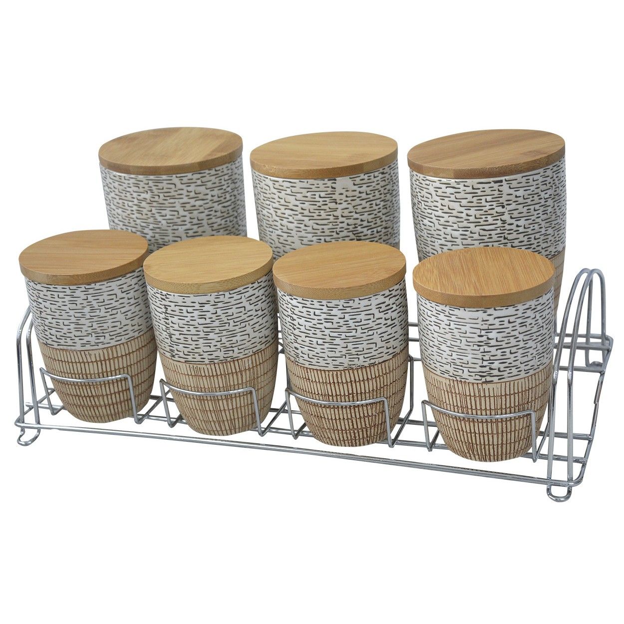 Jars of Bamboo and Ceramics for Canning with Metal Bracket. 7 Pieces with a Lid 38x19x9 cm