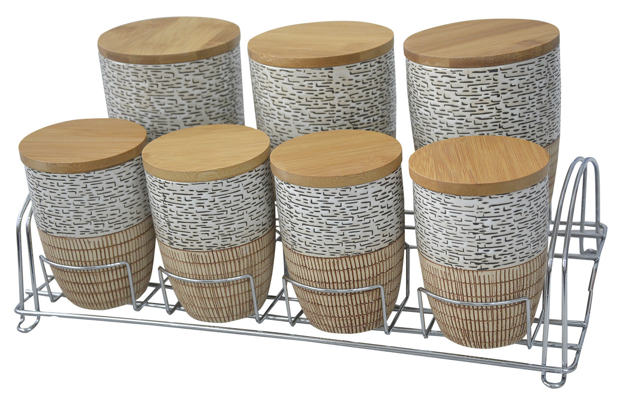 Jars of Bamboo and Ceramics for Canning with Metal Bracket. 7 Pieces with a Lid 38x19x9 cm