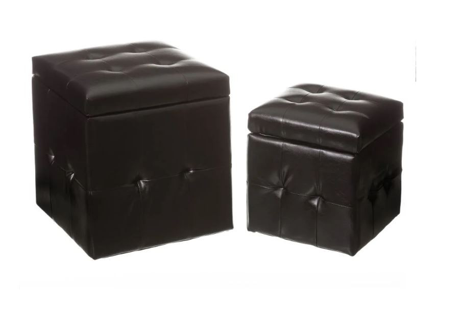 Puff Arcón Negro de Polipiel, Puf Almacenaje Set 2. Arcón de almacenamiento 39x39x43 cm