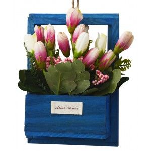 Flores Artificiales para Jardín con Macetero Azul de Madera Natural, Flores Rosas Decorativas Vintage 23x7x16 cm