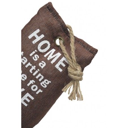 Sujetapuertas Decorativo Textil, Frase Motivadora 1,2kg. Forma de Saco color Chocolate, Sisal Natural para Puertas 17x7x12 cm
