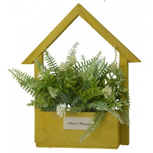 Flores Artificiales para Jardín con Macetero Amarillo de Madera Natural, Flores Blancas Decorativas Vintage 24x6x16 cm
