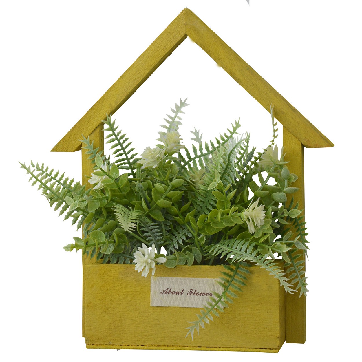 Artificial flowers for Garden Planter Yellow Natural Wood, White Flowers Decorative Vintage 24x6x16 cm