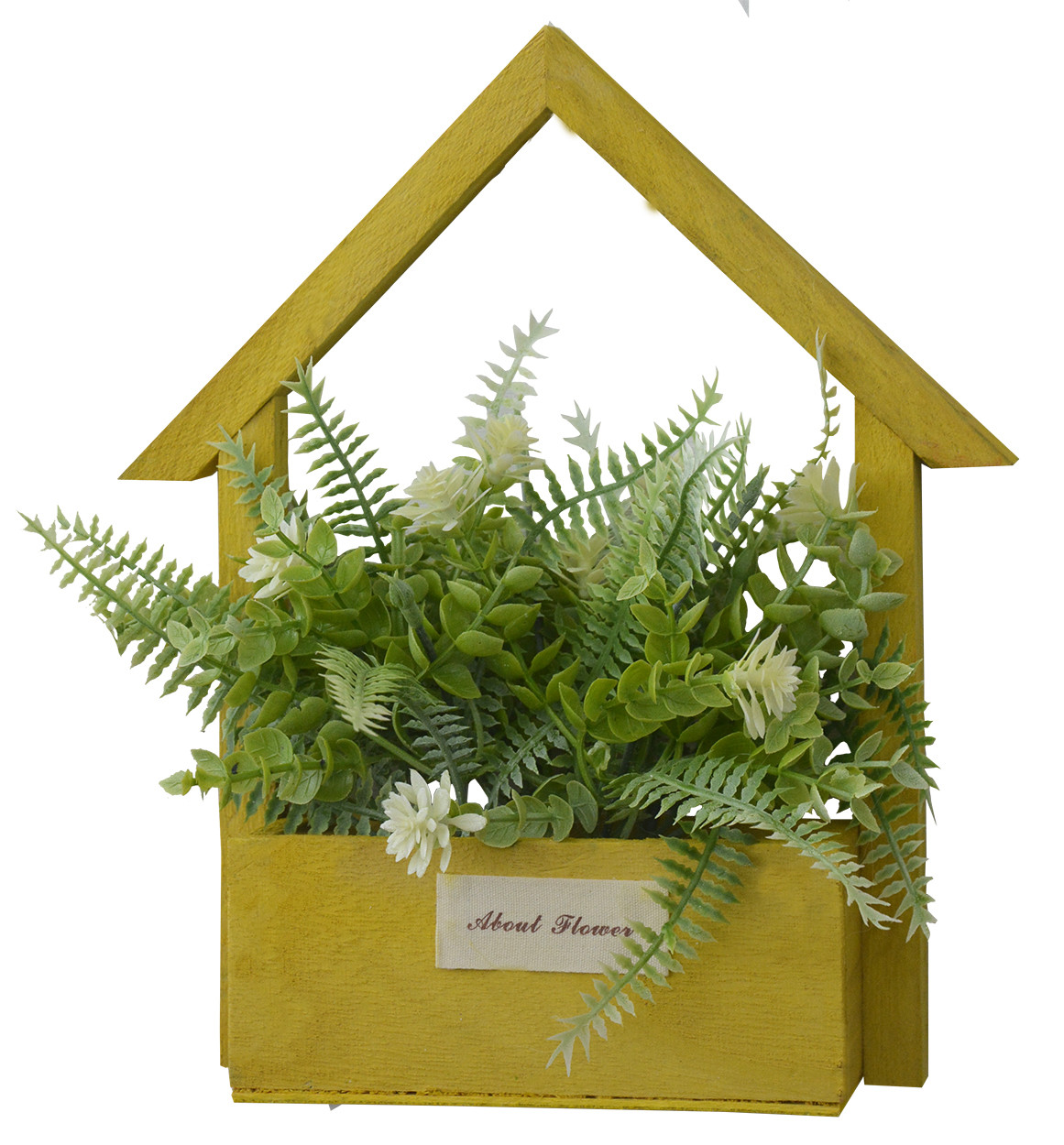 Artificial flowers for Garden Planter Yellow Natural Wood, White Flowers Decorative Vintage 24x6x16 cm