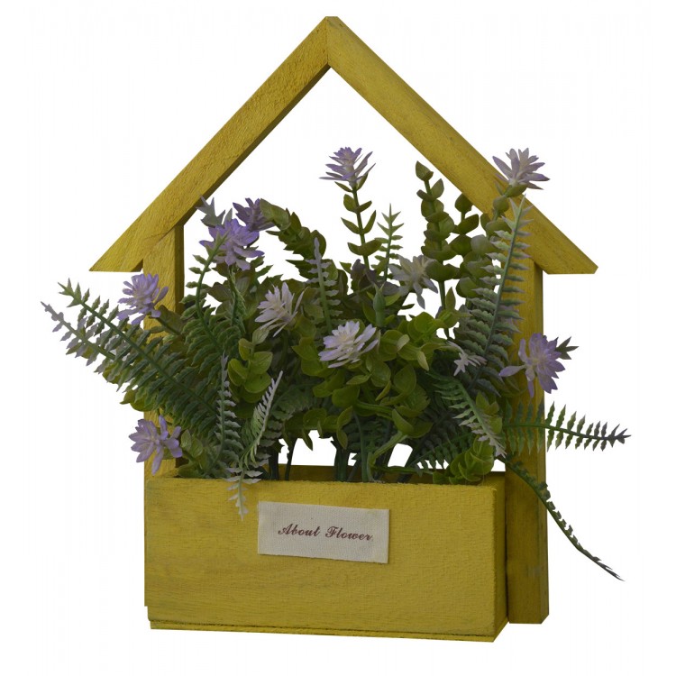 Fleurs artificielles pour le Planteur de Jardin Jaune, en Bois Naturel, Pourpre Fleurs Décoratif Vintage 24x6x16 cm