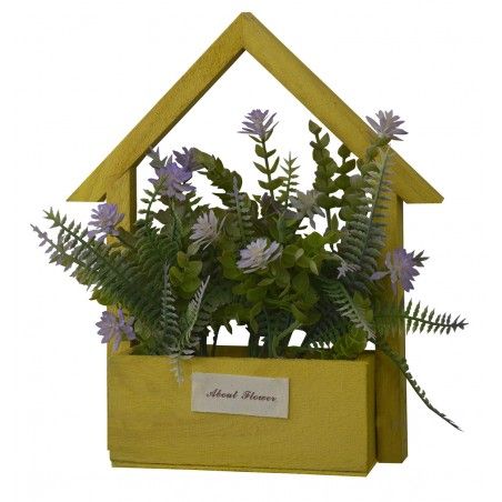Fleurs artificielles pour le Planteur de Jardin Jaune, en Bois Naturel, Pourpre Fleurs Décoratif Vintage 24x6x16 cm