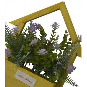 Artificial flowers for Garden Planter Yellow, Natural Wood, Purple Flowers Decorative Vintage 24x6x16 cm
