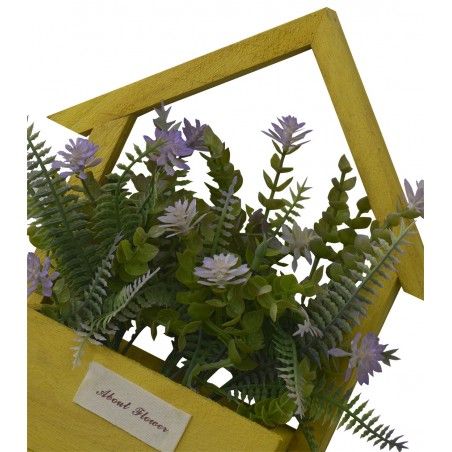 Fleurs artificielles pour le Planteur de Jardin Jaune, en Bois Naturel, Pourpre Fleurs Décoratif Vintage 24x6x16 cm