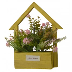 Flores Artificiales para Jardín con Macetero Amarillo de Madera Natural, Flores Rosas Decorativas Vintage 24x6x16 cm