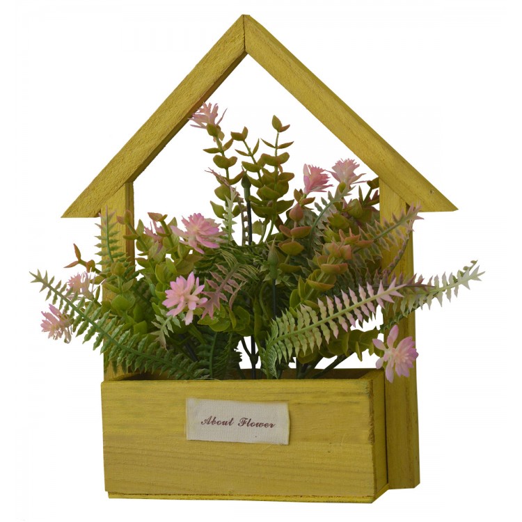Artificial flowers for Garden Planter Yellow, Natural Wood, Pink Flowers Decorative Vintage 24x6x16 cm