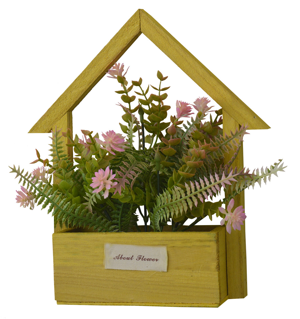 Flores Artificiales para Jardín con Macetero Amarillo de Madera Natural, Flores Rosas Decorativas Vintage 24x6x16 cm