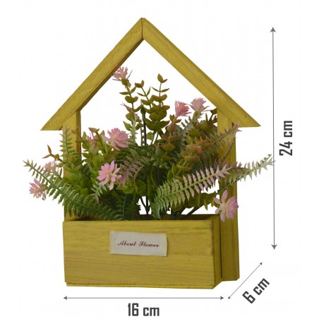 Artificial flowers for Garden Planter Yellow, Natural Wood, Pink Flowers Decorative Vintage 24x6x16 cm