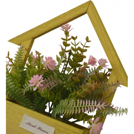 Artificial flowers for Garden Planter Yellow, Natural Wood, Pink Flowers Decorative Vintage 24x6x16 cm