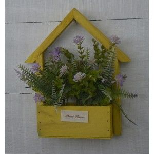 Fleurs artificielles pour le Planteur de Jardin Jaune, en Bois Naturel, Pourpre Fleurs Décoratif Vintage 24x6x16 cm