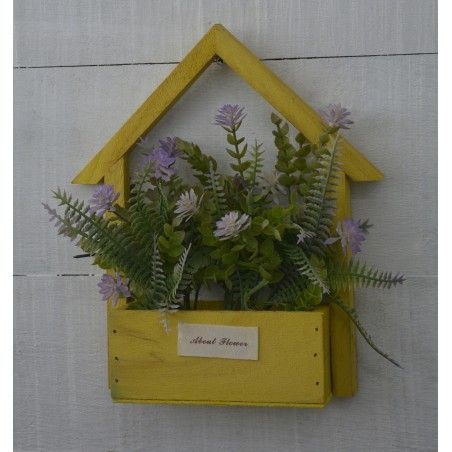 Fleurs artificielles pour le Planteur de Jardin Jaune, en Bois Naturel, Pourpre Fleurs Décoratif Vintage 24x6x16 cm