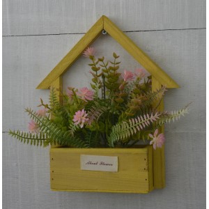 Artificial flowers for Garden Planter Yellow, Natural Wood, Pink Flowers Decorative Vintage 24x6x16 cm