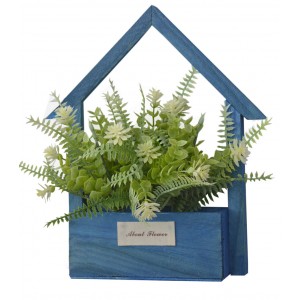 Flores Artificiales para Jardín con Macetero Azul de Madera Natural, Flores Blancas Decorativas Vintage 24x6x16 cm