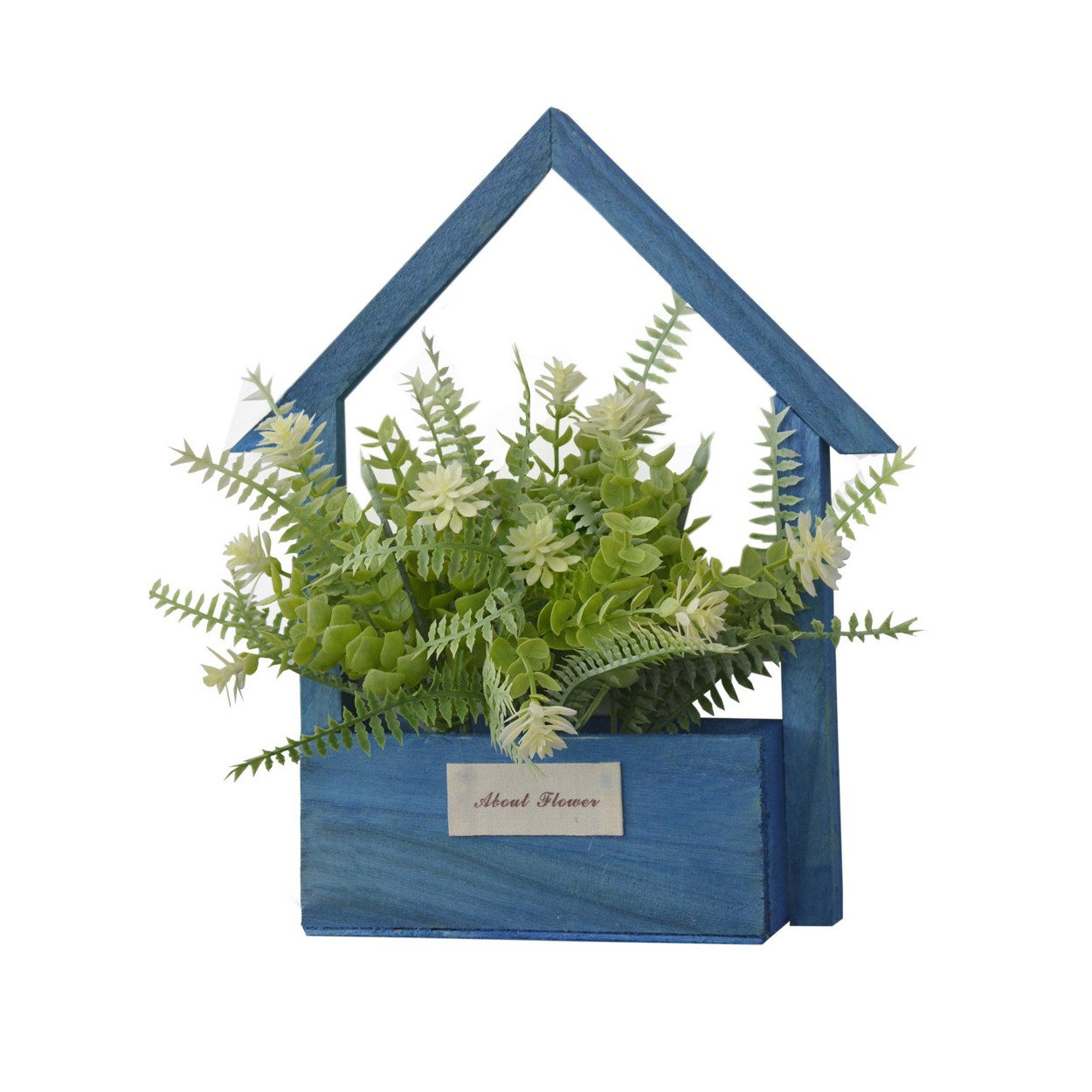 Artificial flowers for Garden Pots-Blue Natural Wood, White Flowers Decorative Vintage 24x6x16 cm
