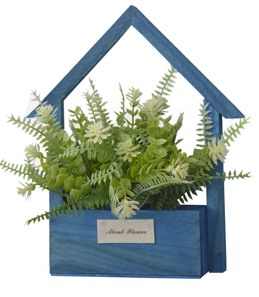 Artificial flowers for Garden Pots-Blue Natural Wood, White Flowers Decorative Vintage 24x6x16 cm
