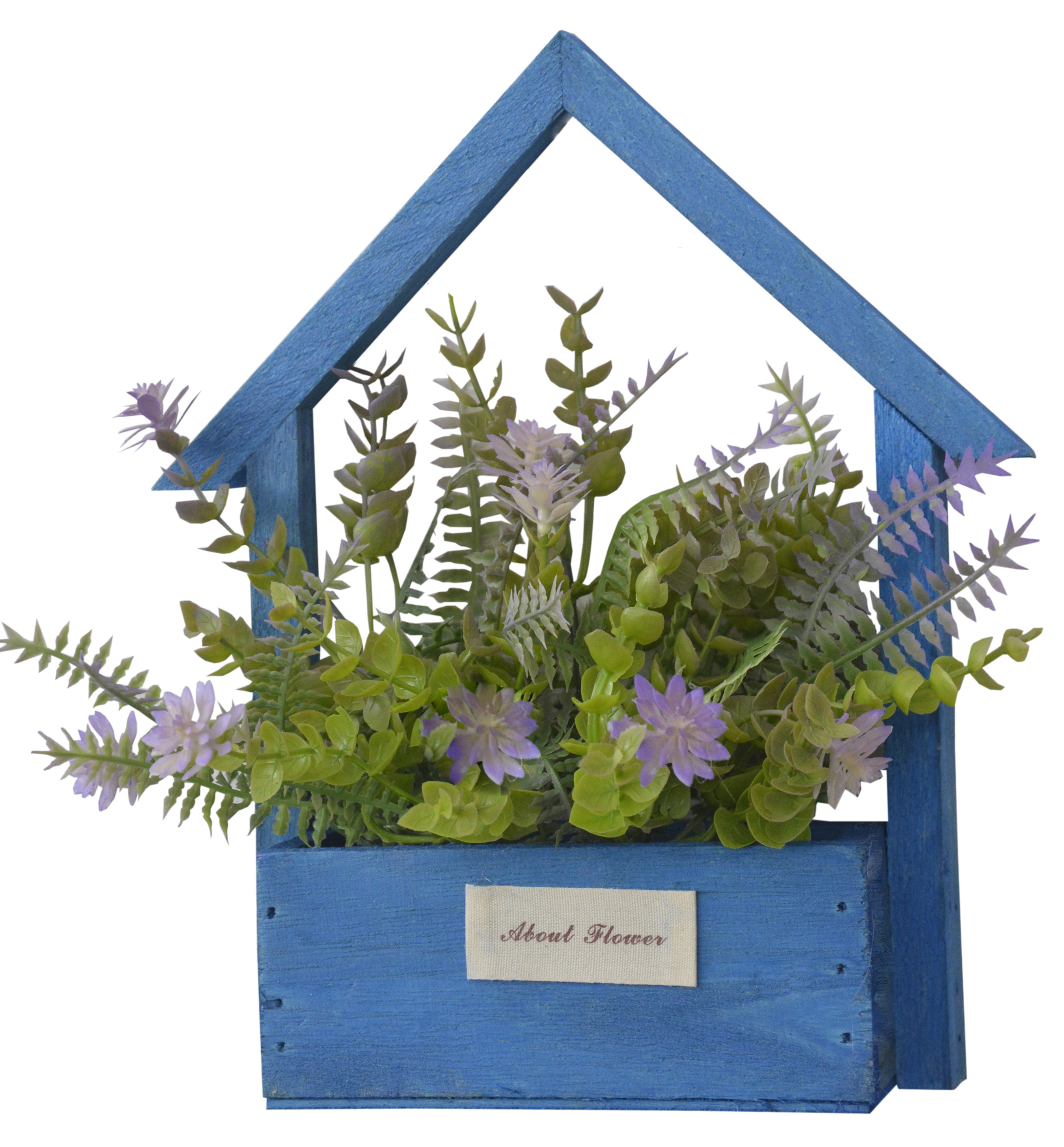 Flores Artificiales para Jardín con Macetero Azul de Madera Natural, Flores Moradas Decorativas Vintage 24x6x16 cm