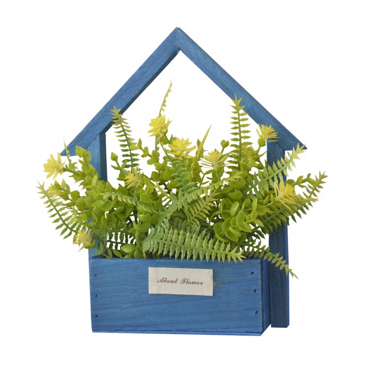 Artificial flowers for Garden Pots-Blue Natural Wood, Yellow Flowers Decorative Vintage 24x6x16 cm