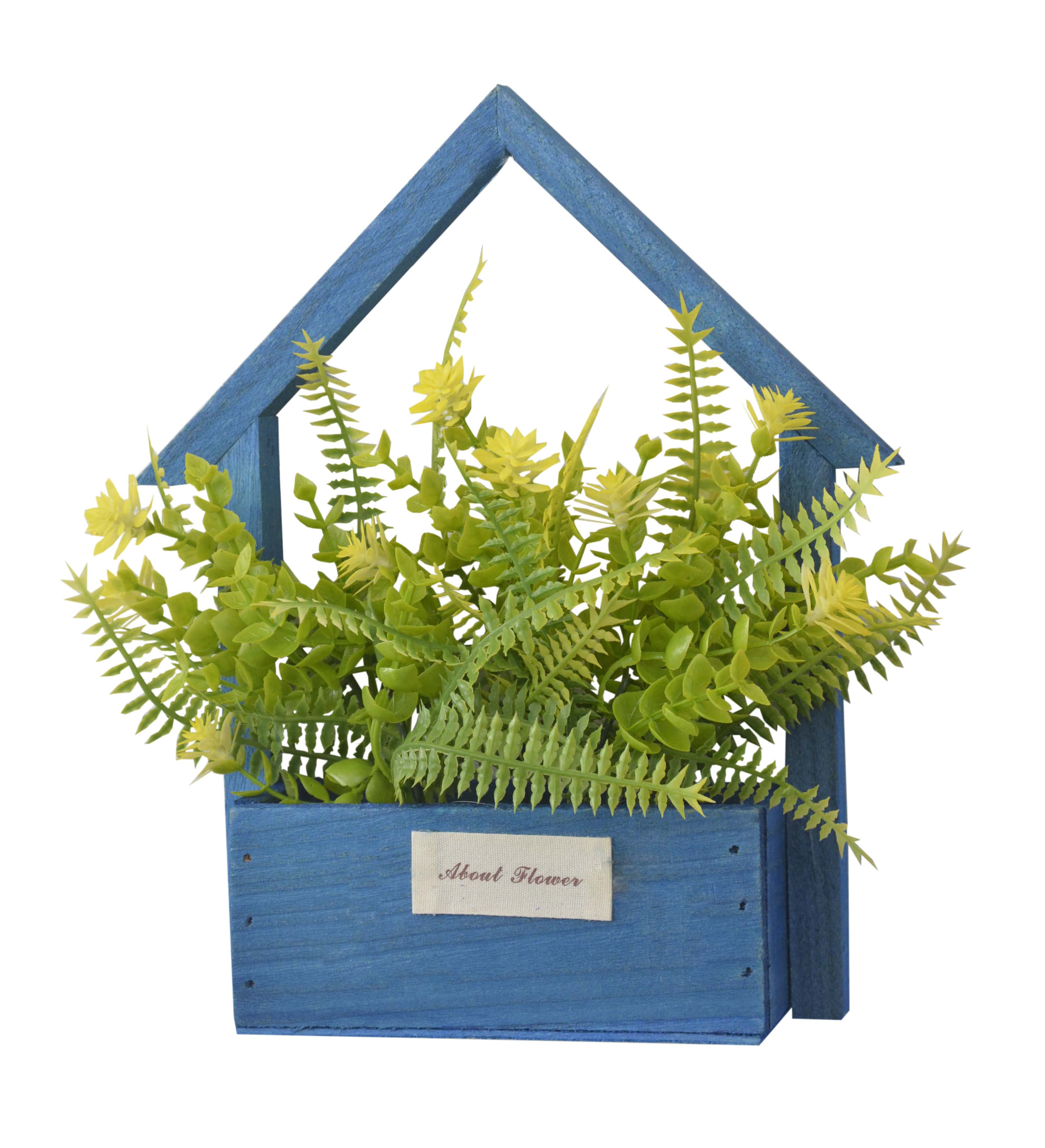 Artificial flowers for Garden Pots-Blue Natural Wood, Yellow Flowers Decorative Vintage 24x6x16 cm