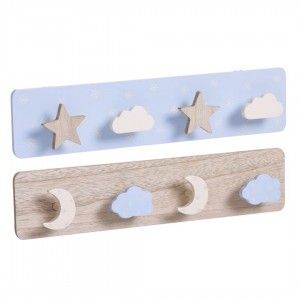 Appendiabiti da Parete Blu per Bambini in Legno per Bambini, 4 Ganci. Design originale/Nuvole 40x4,5x9 cm