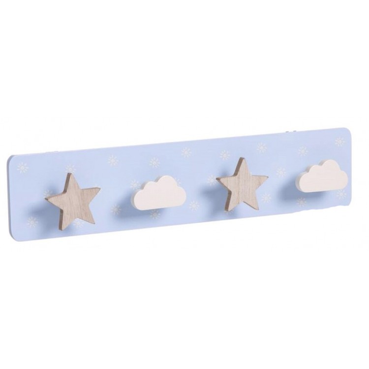 Coat rack Wall Blue Children's Wood to Children, 4 Hooks. Original design/Clouds 40x4,5x9 cm