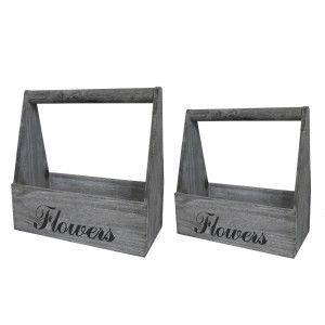 Planter box Timber Grey with Patina, White, Natural Wood, Set of 2 flower Pots "Flowers", Vintage Style 29x13x30cm - Home and