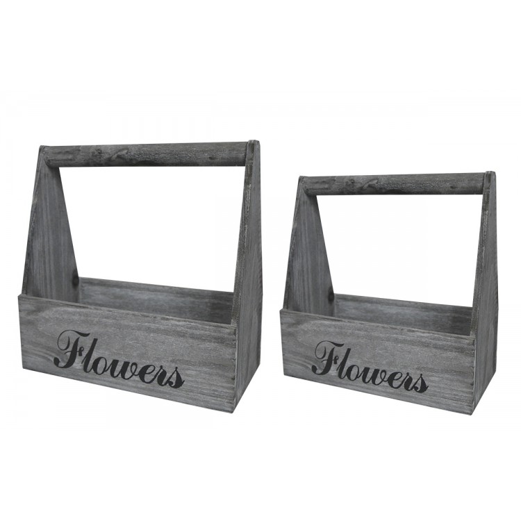 Macetero Madera Gris con Patina Blanca, de Madera Natural, Set de 2 Maceteros "Flowers", Estilo Vintage 29x13x30cm - Hogar y Más