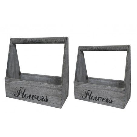 Planter box Timber Grey with Patina, White, Natural Wood, Set of 2 flower Pots "Flowers", Vintage Style 29x13x30cm - Home and