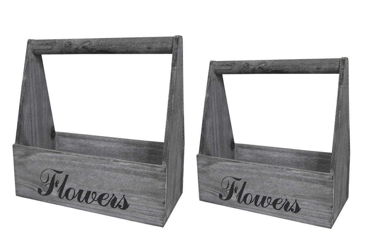 Planter box Timber Grey with Patina, White, Natural Wood, Set of 2 flower Pots "Flowers", Vintage Style 29x13x30cm - Home and