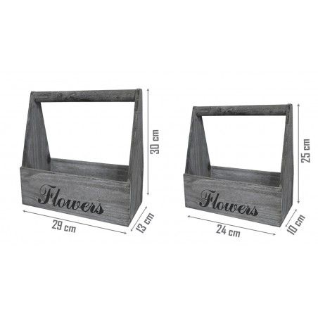 Planter box Timber Grey with Patina, White, Natural Wood, Set of 2 flower Pots "Flowers", Vintage Style 29x13x30cm - Home and